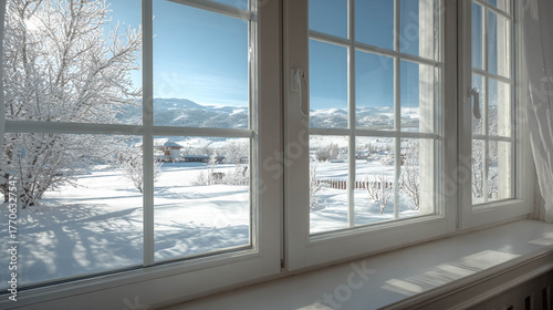 A white bright window close up with a snowy landscape view 