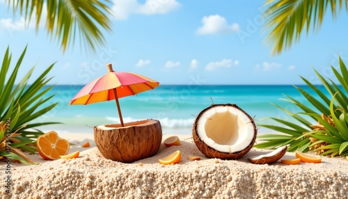 Wallpaper Mural Tropical Coconut and Sun Umbrella Beach Scene Torontodigital.ca