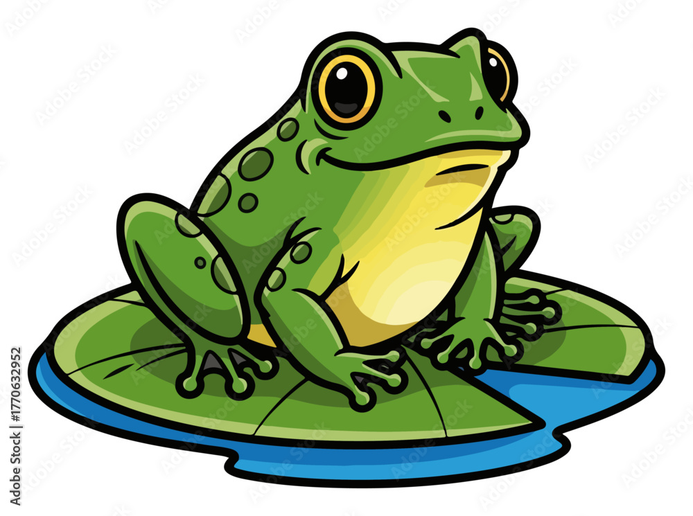 Obraz premium Green frog on lily pad cute pond amphibian cartoon vector