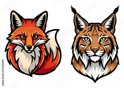 Wild predator heads duo fiery red fox and lynx emblems