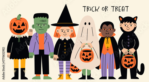 Children in Halloween costumes. Little kids in festival carnival clothes. Cute characters. Pumpkin head, Frankenstein's monster, witch, ghost, Dracula, black cat. Hand drawn Vector illustration 