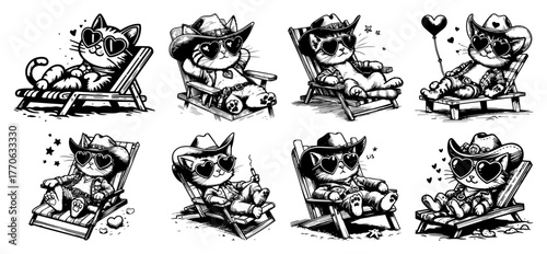 Relaxed cowboy kitten beach chair smoothie hearts