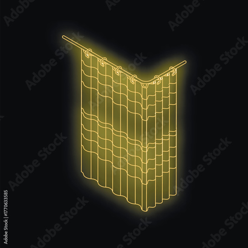 Glowing gold shower curtain with checkered pattern hanging on a curved rod, isometric view against black background