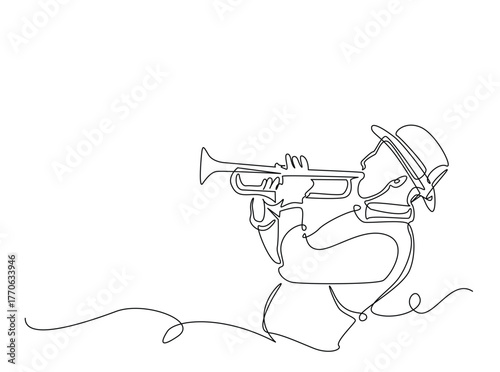 Man holds trumpet in single outline illustration. Continuous line art drawing of Classic Trumpeter . Editable stroke.
