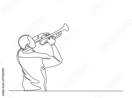 Man holds trumpet in single outline illustration. Continuous line art drawing of Classic Trumpeter . Editable stroke.