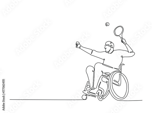 Disability tennis player on wheel chair in single outline illustration. Continuous line art drawing of man with disability playing tennis. Editable stroke.