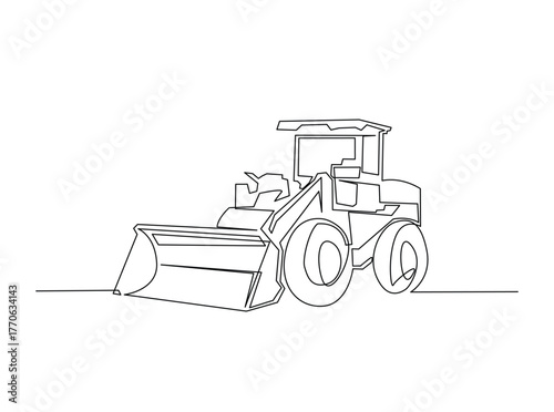 Bulldozer heavy construction vehicle in single outline illustration. Continuous line art drawing of Bulldozer Industrian Vehicle. Editable stroke.