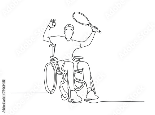 Disability tennis player on wheel chair in single outline illustration. Continuous line art drawing of man with disability playing tennis. Editable stroke.