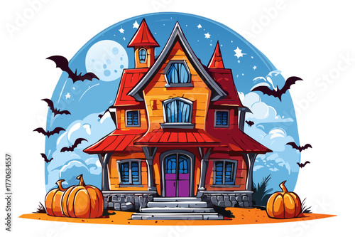 Spooky haunted house with bats, pumpkins, and a dark, scary sky on a Halloween night, Halloween haunted house silhouette with bats under a spooky moonlit night sky