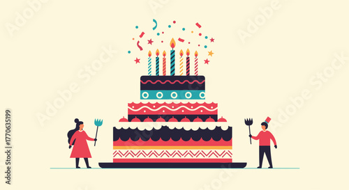 Two people stand with forks beside a festive multi-tiered birthday cake adorned with glowing candles and falling confetti, ready for celebration.