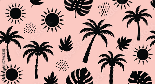 Black silhouettes of tropical elements like palm trees, suns, and leaves forming a seamless pattern on a pastel pink background.