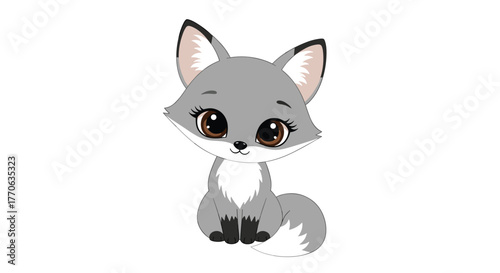 A charming cartoon gray fox with big, sparkling brown eyes sits cheerfully on a clean white background, radiating cuteness and friendly appeal.