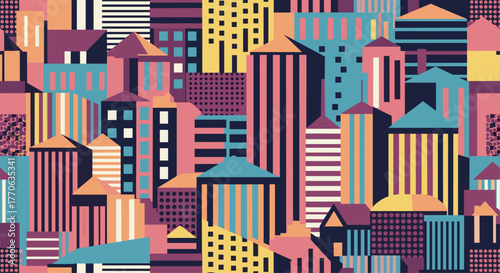 A vibrant and abstract cityscape illustration featuring geometric buildings with diverse patterns and a modern, retro-inspired color palette.