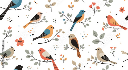 A charming seamless pattern design featuring an array of vibrantly colored birds perched on delicate branches with blossoms and leaves.