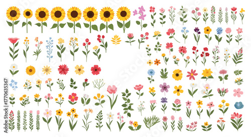 A vibrant collection of diverse blooming flowers and green foliage, depicted in a charming flat vector style, isolated for botanical design.