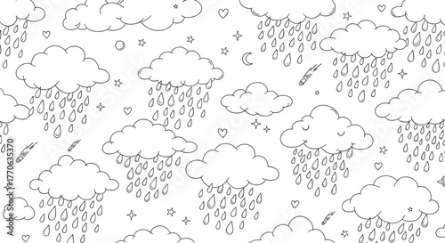 Hand drawn seamless pattern with raining clouds, stars, moon, and hearts, perfect for children's designs.