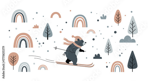 A cheerful cartoon bear in a hat and scarf skis through a whimsical winter landscape adorned with soft-colored rainbows and stylized trees.