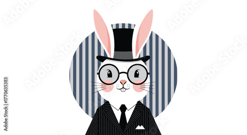 Dapper white rabbit in a stylish pinstripe suit, top hat, and round glasses, standing against a blue striped background.