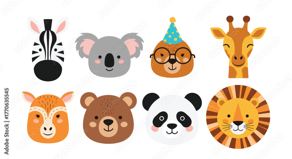 Fototapeta premium Cute cartoon animal faces collection featuring a zebra, koala, bear, giraffe, deer, panda, and lion on a white background.