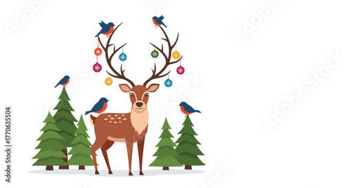A cheerful reindeer adorned with colorful Christmas ornaments on its antlers, accompanied by robins and fir trees.