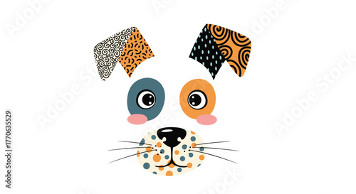 Cute and colorful cartoon dog face illustration with patterned ears and playful eyes, perfect for children's designs and animal themes.