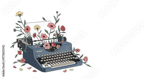 A vintage typewriter adorned with an abundance of colorful flowers and delicate petals, symbolizing creativity, storytelling, and artistic inspiration.