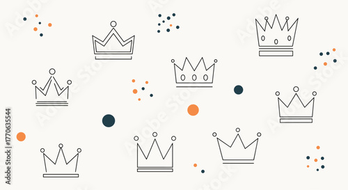 Minimalist pattern of outlined crowns and scattered colorful dots on a light background.