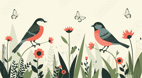 A pair of stylized birds with vibrant plumage sits on blooming flowers amidst lush green foliage and light-colored butterflies.