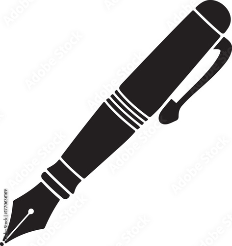 Black silhouette of a classic fountain pen with a clip and nib on a white background writing instrument 1