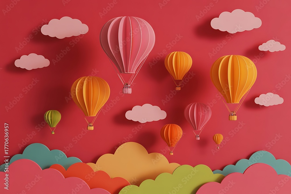 Obraz premium A collection of colorful paper-cut hot air balloons and clouds arranged against a vibrant red background with a layered landscape below Keywords: hot air balloon, air balloon, flight, flying