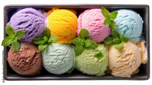 Assorted ice cream flavors scoops in a container dessert