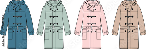 Collection of four fashionable hooded duffle coats in different colors, showcasing timeless style and winter wear options