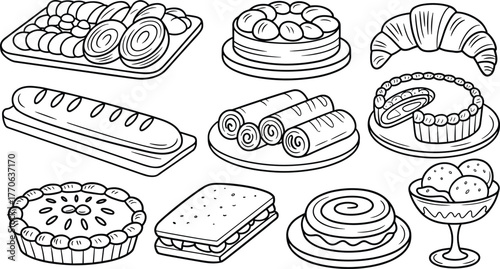 Black and white bakery desserts illustration set with cakes, bread, croissant, cookies, tart, ice cream, sandwich, rolls, pastry