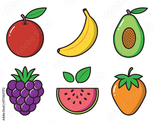 Cartoon Fruit Collection – Cherry, Banana, Avocado, Grapes, Watermelon, and Strawberry for Educational, Merch, and Design Projects
