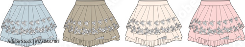 Elegant Tiered Skirt Illustrations in Blue, Beige, Cream, and Pink