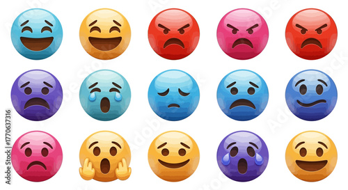 Collection of Emoji Faces Illustrating Various Emotions Such as Joy, Anger, Sadness, and Surprise