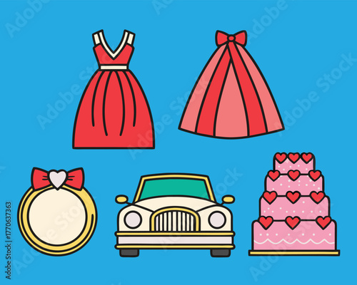 Stylized Celebration Icon Set – Dresses, Mirror, Vintage Car, and Cake for Party, Wedding, Fashion, and Merch Projects