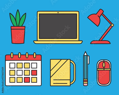 Cartoon Workspace Icon Set – Laptop, Plant, Lamp, Calendar, Mug, Pencil, and Mouse for Merch, Study, and Office Projects