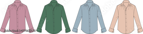 Collection of four collared long-sleeved shirts in various pastel colors, displayed side-by-side against a white background