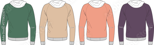 Vector illustration of a set of hooded sweatshirts. Fashion technical flat sketch collection in green, beige, coral, and purple for apparel design