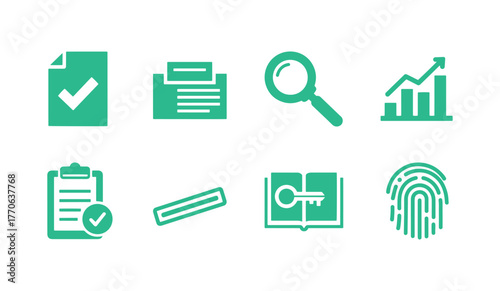 Minimalist green icons set for fact checking, business analysis and data verification: checklist, report, magnifying glass, graph, fingerprint — ideal for UI design, education and analytics content.