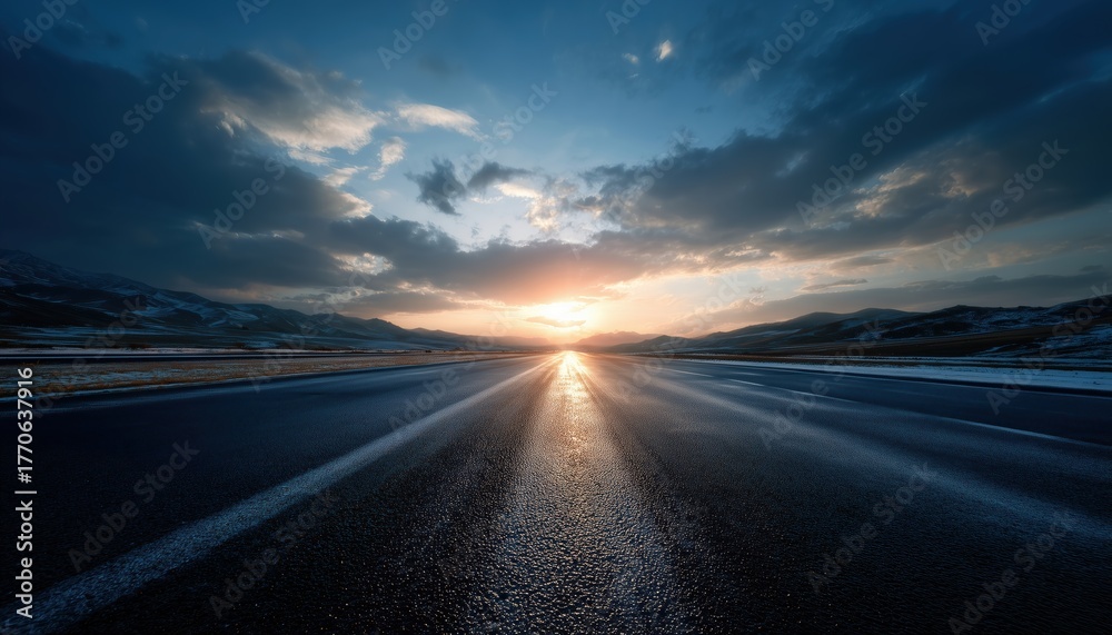 Fototapeta premium Serene Asphalt Highway Road With Snow-Capped Mountains In Natural Landscape Under Sun And Cloudy Sky. Car Driving On Straight Road.