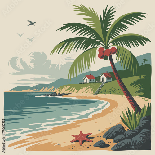 Tropical Coastal Landscape Illustration with Palm Trees – Scenic vector of a sandy beach with huts, vibrant tropical foliage, and sunny sky suitable for tourism, resort, and leisure design.