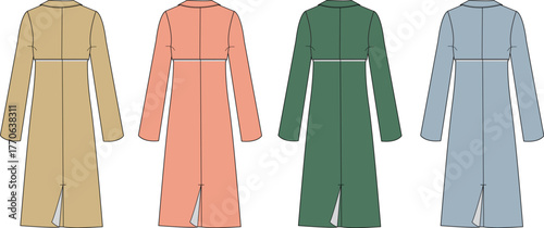 Set of women's long coat technical fashion flat sketches. Back view of a belted overcoat template in four different colors