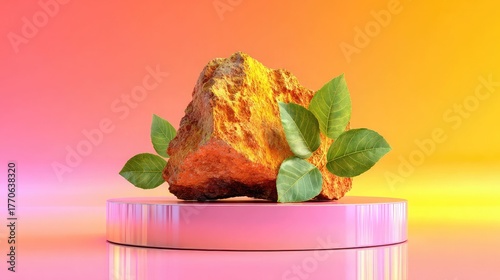 Rock and leaves on pink podium product display mockup