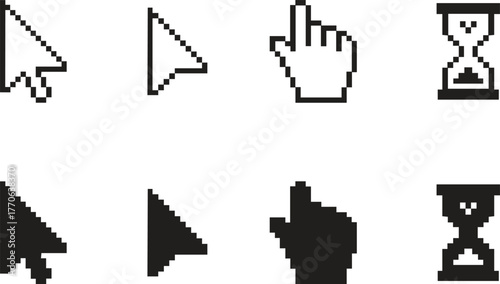Set of Pixel Art Mouse Cursor Icons - Pointer, Hand, and Hourglass  Collection