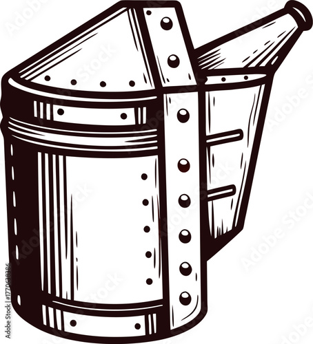 Vintage hand drawn metal watering can illustration in black and white with rivet details and angled spout