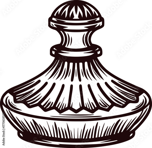 Hand drawn vintage glass perfume bottle with ornate stopper isolated on white background engraving