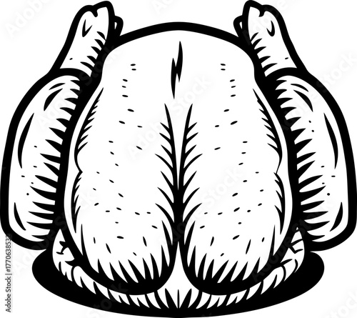 Black and white hand drawn whole raw chicken isolated, vintage engraving butcher illustration
