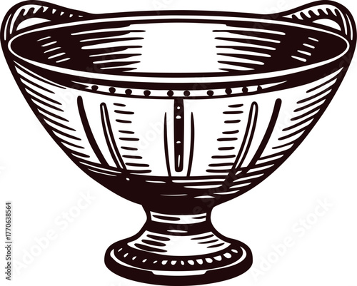 Hand drawn ancient chalice illustration in vintage engraved sketch on white background
